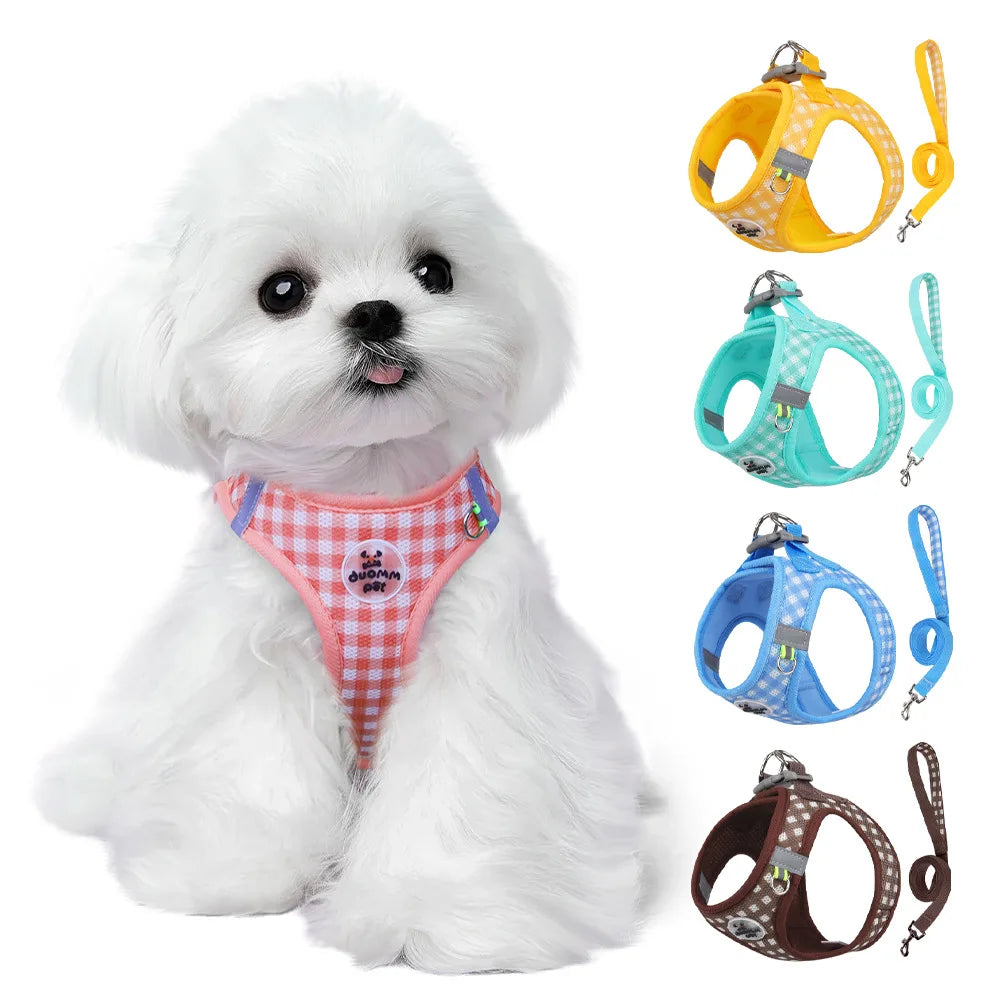 Checked Harness Small Medium-Sized Dog Cat Reflective Breathable Dog Lead Teddy Step In Bichon Pet Walking Harness Leash Rope